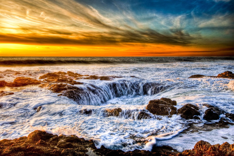 ocean, thors, clouds, rocks, well, beautiful, water, cooks, s, chasm, sunset, pretty, 1080P, thor, oregon