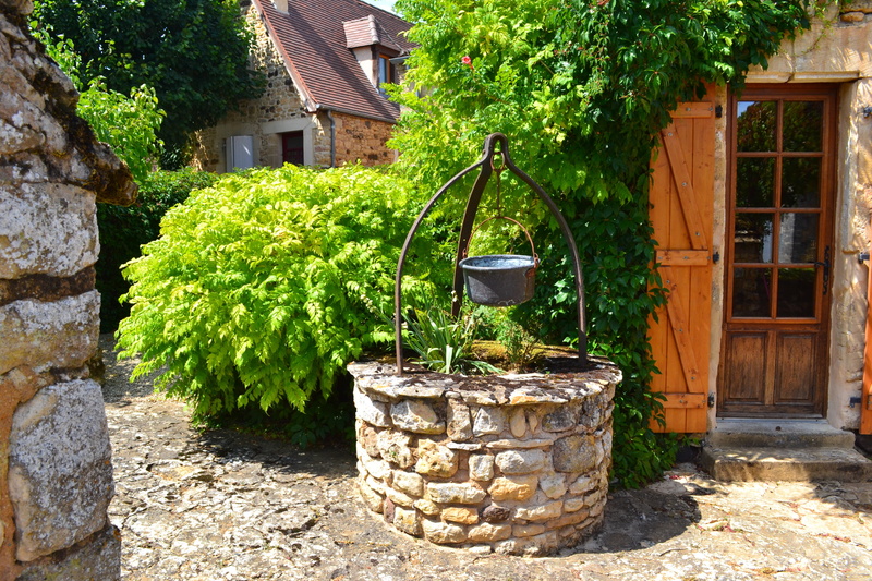 house, built structure, solid, tree, stone well, wall, architecture, growth, medieval village, building exterior, water, well, no people, green color, nature
