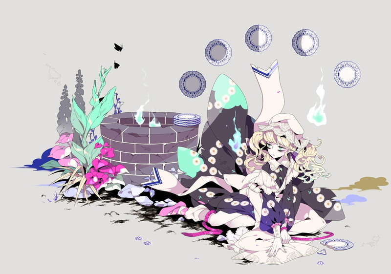 well, indoors, large group of objects, high angle view, white background, water, paint, beside, anime, purple, nature, multi colored, messy, table, artwork