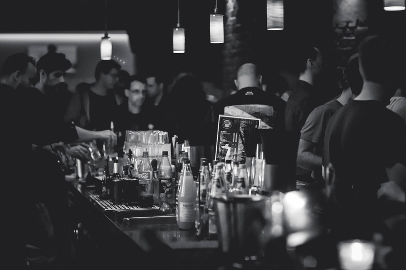 grayscale, night, real people, alcohol, group, adult, group of people, lamps, party, selective focus, people, glass, crowd, night life, club, men, bottle
