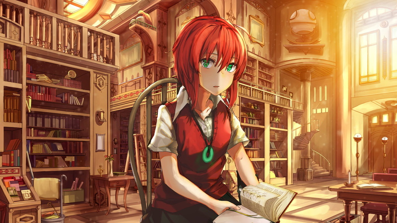 one person, young women, waist up, architecture, Green Eyes, indoors, women, Anime, beautiful woman, book, 1080P, Library, Chise Hatori, standing, lifestyles