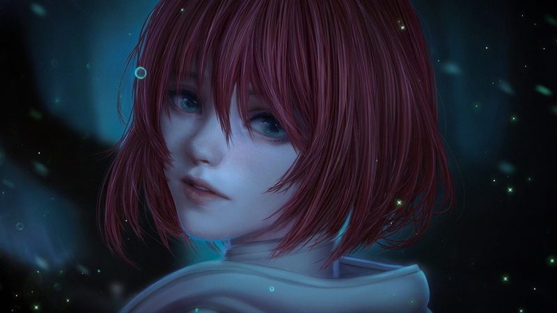 contemplation, dark, child, hairstyle, innocence, nature, headshot, front view, Anime, indoors, illuminated, bangs, close-up, one person, 1080P, Chise Hatori