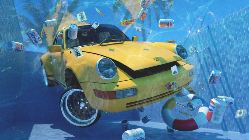 car, Pepsi, Porsche, 1080P, artwork, underwater, can, sinking, digital