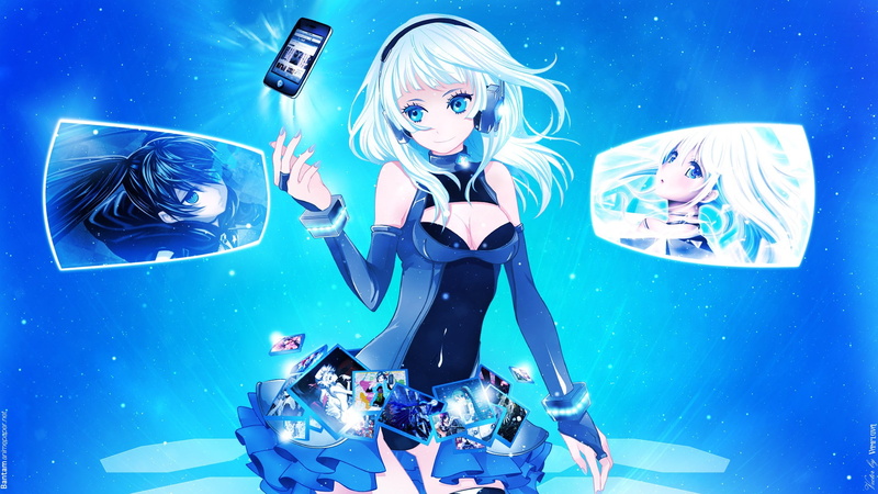 1080P, anime, Hatsune Miku, original characters, Black Rock Shooter, headphones, Kuroi Mato, Vocaloid, Touwa Erio, anime girls