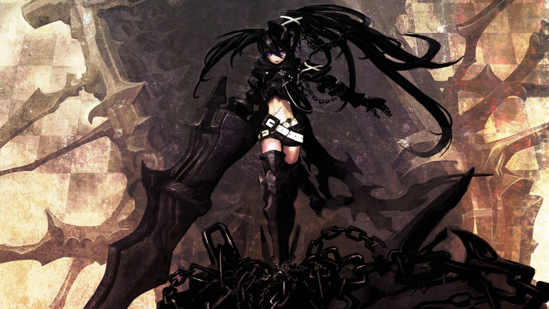art, Chains, 1080P, hd, black, Insane Black Rock Shooter, eyes, girls, purple, Anime Girls, insane, weapons, purple eyes, anime, rock, Black Rock Shooter