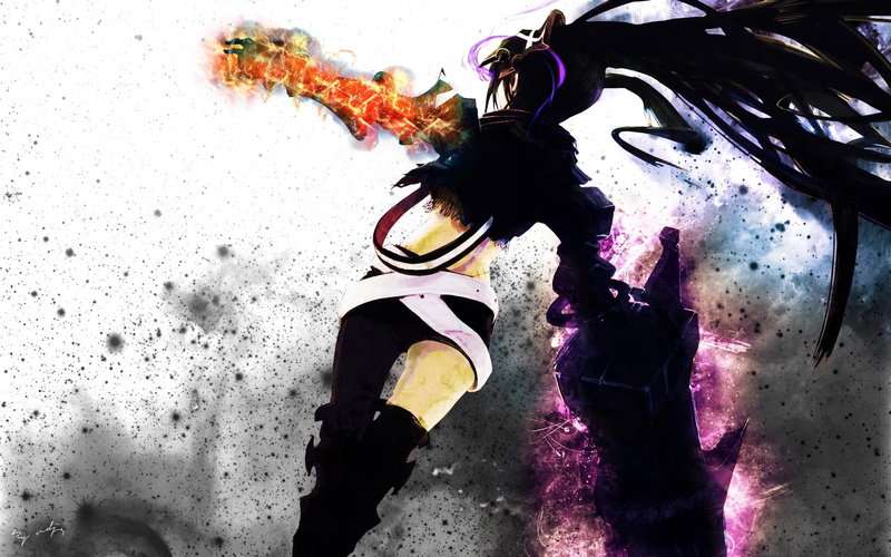 1080P, hair, Black Rock Shooter, armor, girls, insane, back, art, hot, weapons, shooter, shorts, rock, black, anime, belts, boots, hd, fire, long, twintails