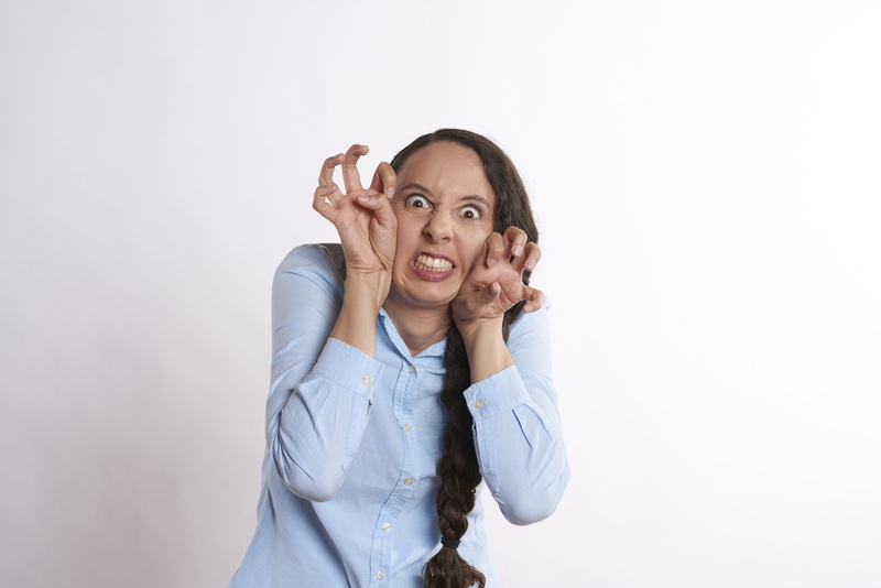 stress, copy space, looking at camera, indoors, happiness, white background, expression, scared, hairstyle, people, funny, person, mature adult, 5K, face