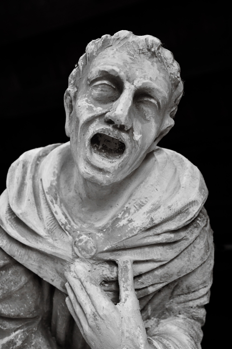 despair, architecture, black background, indoors, depressed, 5K, man, human representation, horror, the past, human, statue, old, face, studio shot, screaming
