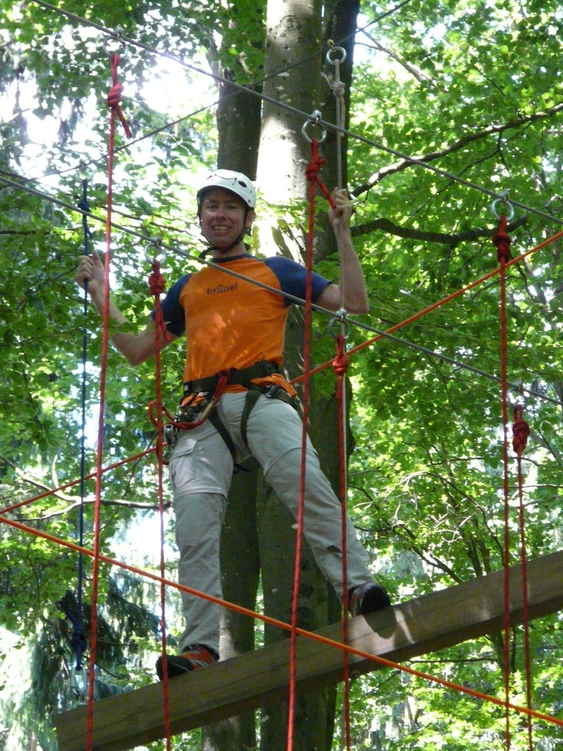 range of motion, top, climbing forest, overcoming, portrait, daring, High Ropes Course, climbing garden, nature, low angle view, outdoors, looking at camera