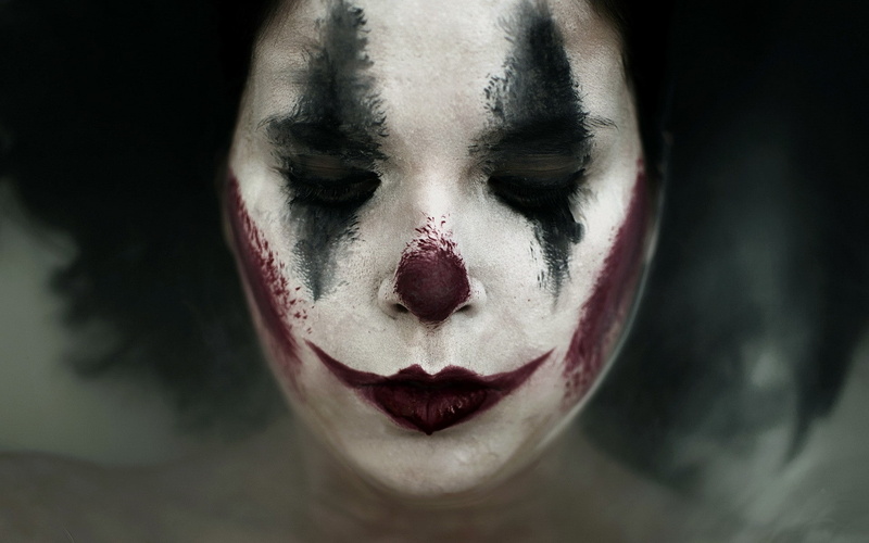eyes closed, studio shot, face, makeup, dark, close-up, fear, human body part, blood, horror, emotion, clowns, 1080P, portrait, headshot, adult, body part