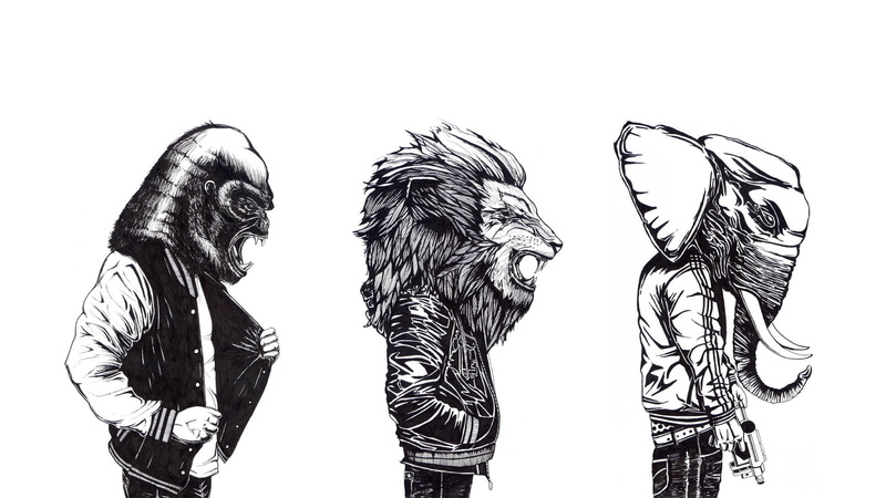 digital/artwork, 1080P, gorilla, drawing, elephant, bw, lion, hd