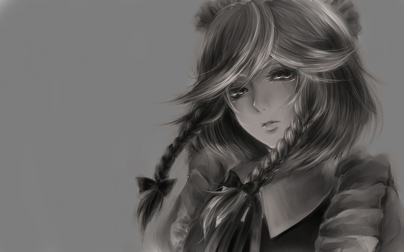 face, haired, anime, gray, bw, drawing, female, 1080P, character, digital/artwork, hd