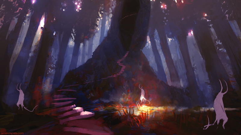 trail, path, digital/artwork, hd, painting, tree, gray, drawing, 1080P, red