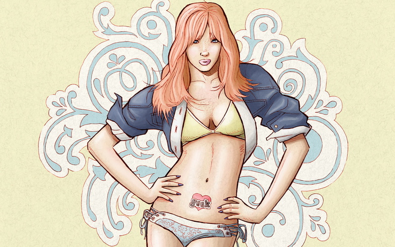 drawing, digital/artwork, gray, 720P, hd, yellow, illustration, panty, bra, haired, woman, redhead, orange