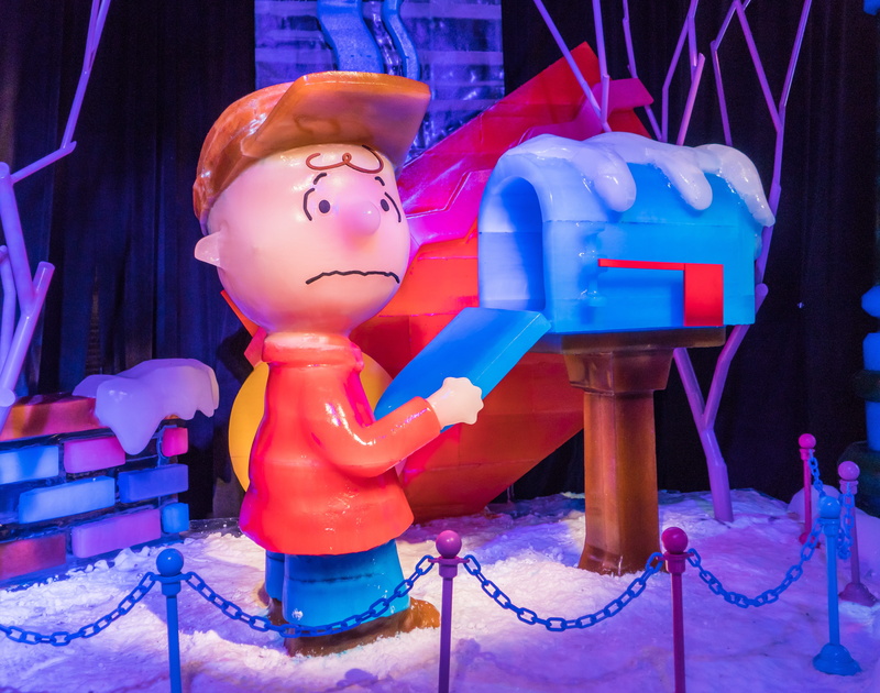 cartoon character, sad face, creativity, mail box, peanuts, store, cold temperature, charlie brown, cute, red, indoors, decoration, figurine, female likeness