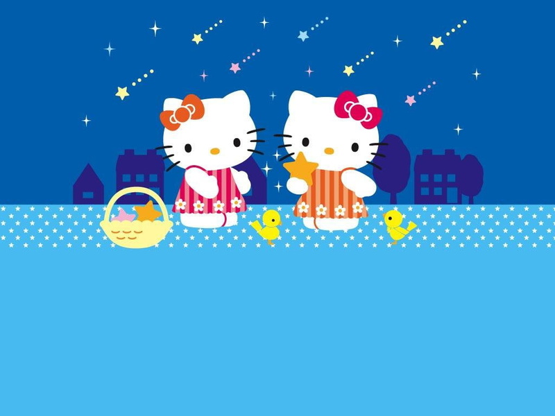 480P, hello, art, kitty, night, BIRDS, cute, bow, Hello Kitty, hd, Dress, anime