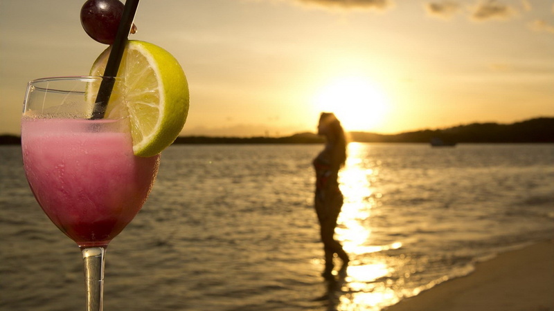 enjoying, depth of field, women outdoors, vacation, 1080P, sunset, beach, cocktails