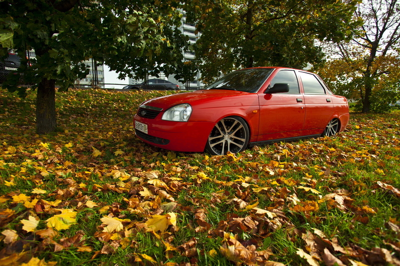 sedan, summer, drives, auto, mode of transportation, tree, 5K, Priora, park, yellow, autumn, side, leaves, grass, change, BPAN, red, mode of Transport