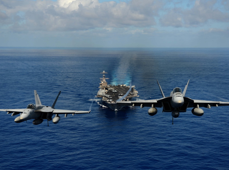 waterfront, navy, aerospace industry, shipping, gray, flying, no people, Army, united, two, USS John C. Stennis, sea, states, horizon, airplane, air vehicle