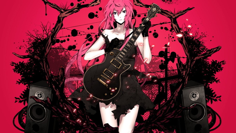 girl, one person, wearing, electric guitar, rock music, holding, Vocaloid, musical instrument, Luka Megurine, rock musician, illustration, artist, dress