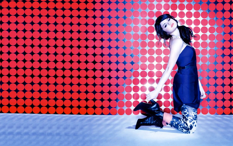 indoors, standing, studio shot, adult, full length, red, pattern, young women, boots, Selena Gomez, one person, colored background, young adult, leisure activity