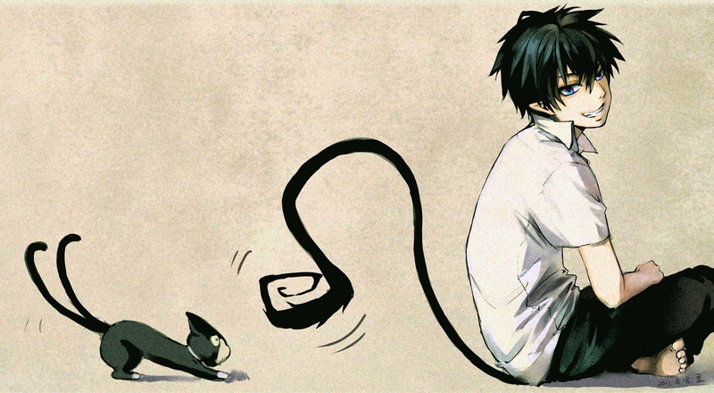 okumura, exorcist, tails, eyes, cats, blue, rin, art, animals, 720P, ao, boys, hd, brunettes, anime