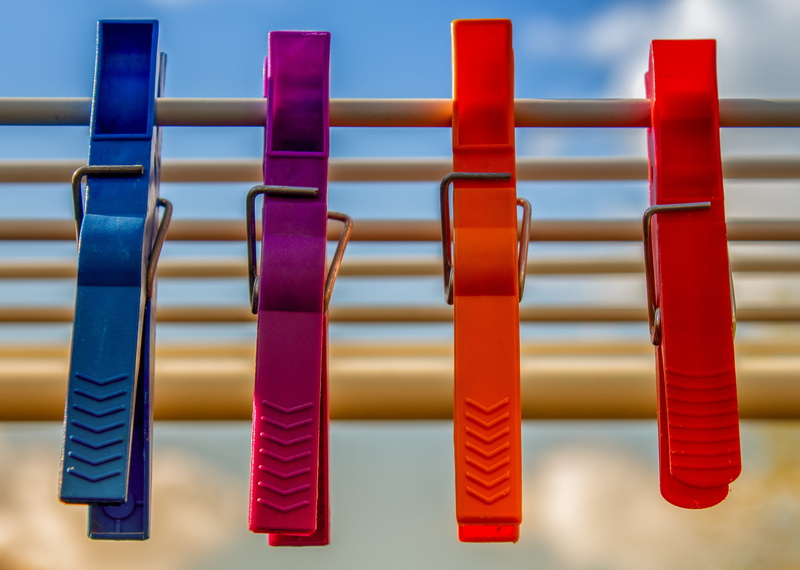 cloud - sky, railing, clip, color, dry, water, colorful, side by side, clamp, keep, fixing, close-up, focus on foreground, 4K, safety, budget, clothespins