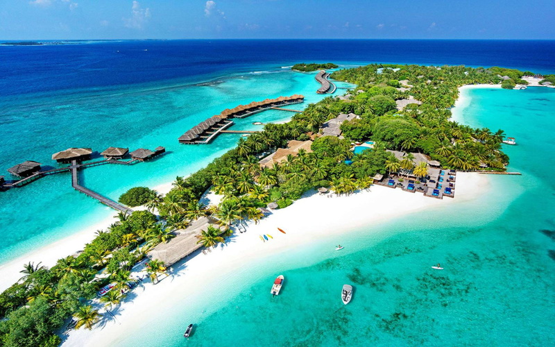 moon, resort, sheraton, full, palm, island, houses, desktop, view, sandy, pools, air, water, wooden, bungalows, beaches, trees, hd, 1080P, maldives
