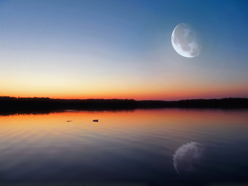 clear, silence, ecology, glow, reflection, moon, twilight, natural satellite, idyllic, gradient, scenery, vibrant, orange, space, scenics - nature, serene