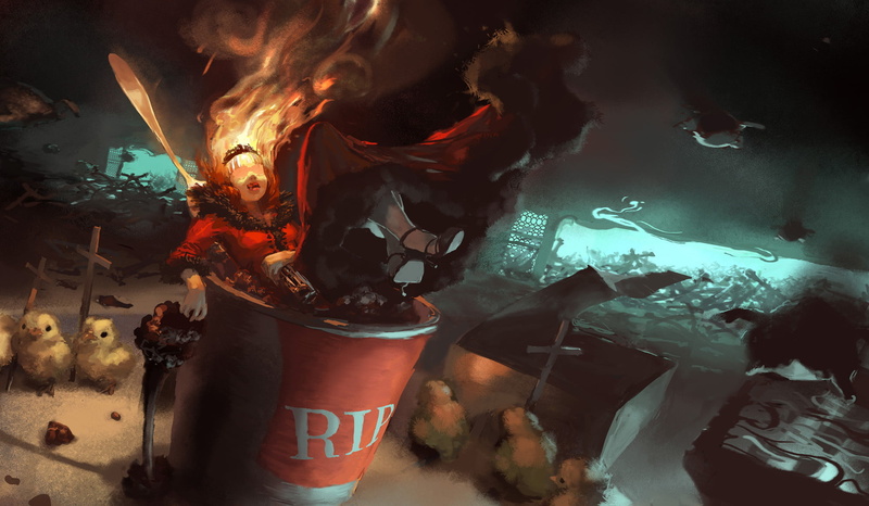 tombstone, red hair, heat - temperature, fire - natural phenomenon, 1080P, cross, long hair, night, girl, bottle, without eyes, kitchen utensil