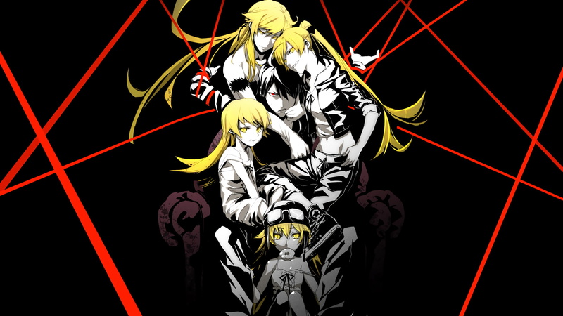 selective coloring, Araragi Koyomi, red eyes, blonde, yellow eyes, Monogatari Series, 1080P, Oshino Shinobu