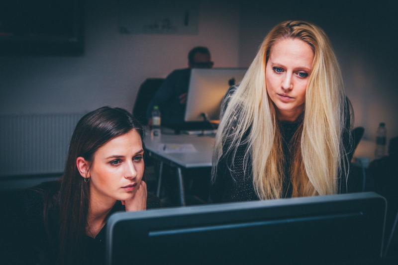 business team, computer monitor, thinking, people, woman business, dim, business, two, lighted, hair, hairstyle, group of workers, men, team, monitor, working