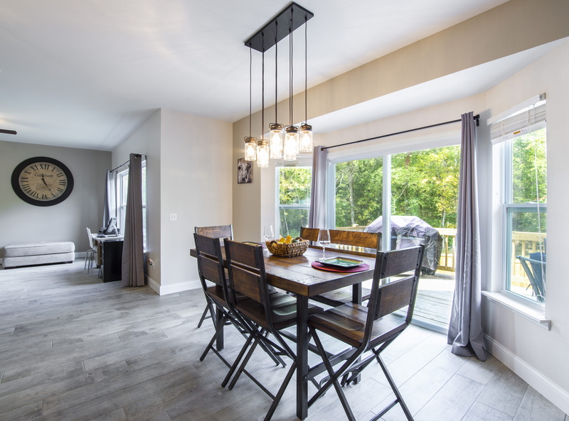 modern, entrance, dining table, lights, brown, architecture, lamps, curtains, sliding doors, yard, window, chairs, absence, wood, interior, windows, door