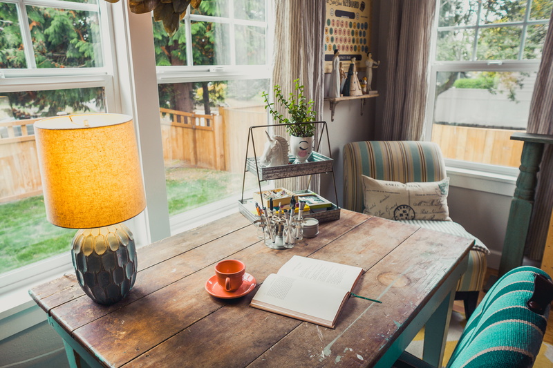 inside, table, plant, coffee, cool light, windows, indoors, design, throw pillow, still life, desk lamp, 5K, nature, glass - material, daylight, seat