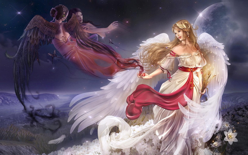 fantasy, angels, art, night, 3d and abstract, flowers, 1080P, magic, angel, wings