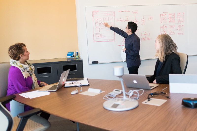 layout, business person, standing, project, males, macbook, adult, businesswoman, woman, women, web design, desk, planning, developer, man, computer, flow