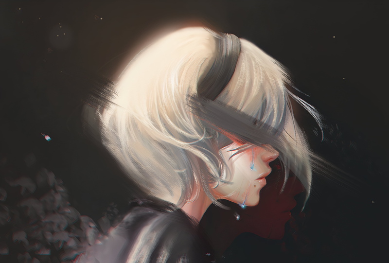 2B (Nier: Automata), 2K, head band, Yorha unit no.2 type b, white hair, Nier: Automata, human android, short hair, artwork, digital art, tears
