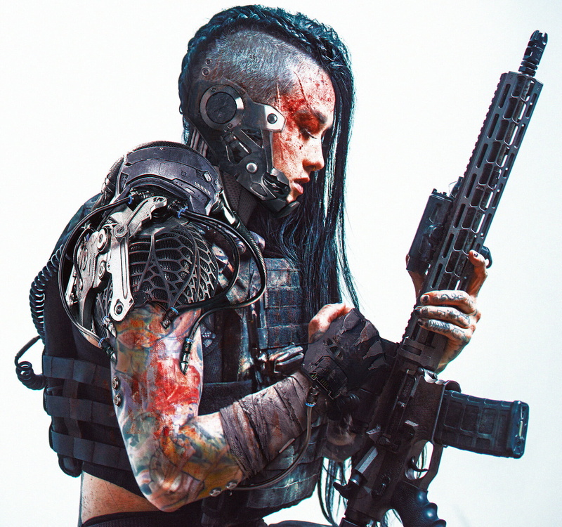 Clayton Haugen, futuristic, concept art, science fiction, cyber, cyberpunk, 720P, artwork, Abrar Khan, soldier, tattoo, women, mech, black hair