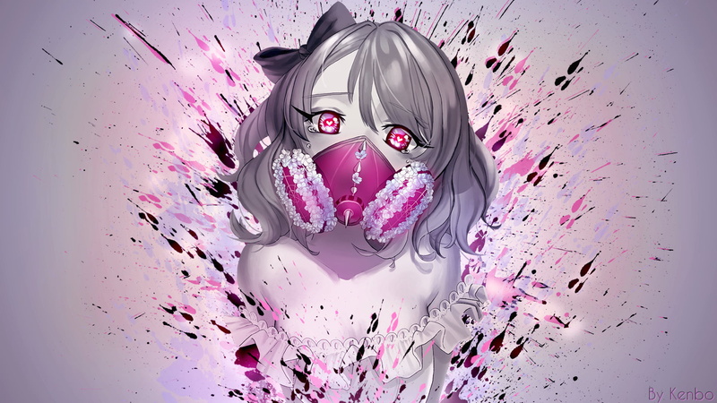 paint splatter, splatter, anime, gas masks, pink, women, anime girls, 1080P, pink eyes