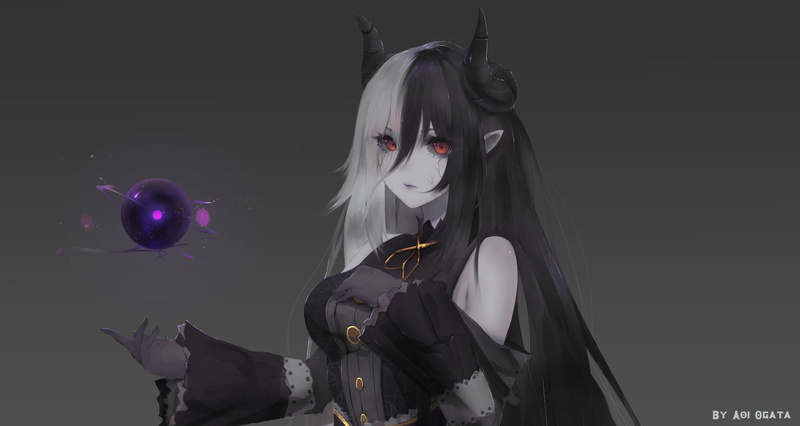 Girl, Red Eyes, Original, 1080P, Anime, Black Hair, Horns