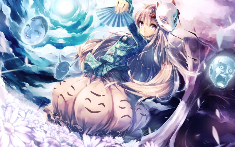 mask, anime-girl, brown, clouds, hair, green, kokoro, hata, anime, dress, spirits, touhou, long-hair, female, anima, 720P, hata-no-kokoro, moon, flowers