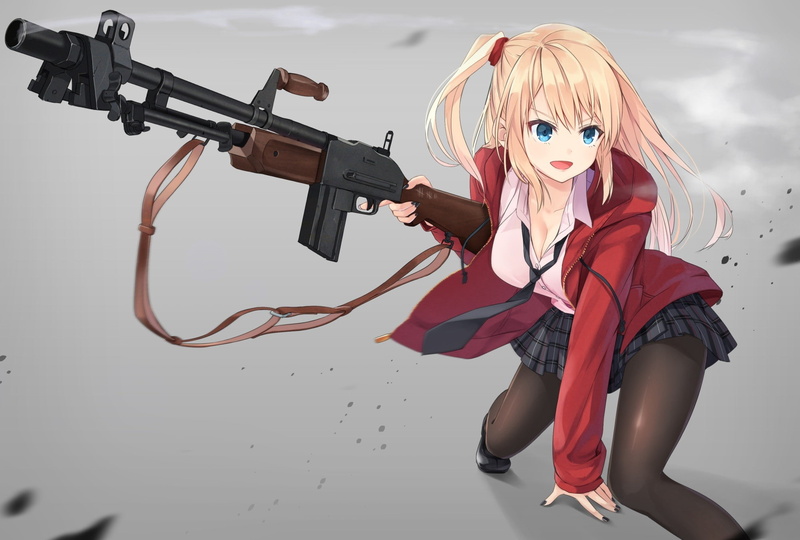cleavage, weapon, skirt, anime, gun, open shirt, blonde, long hair, stockings, blue eyes, anime girls, 1080P, armor