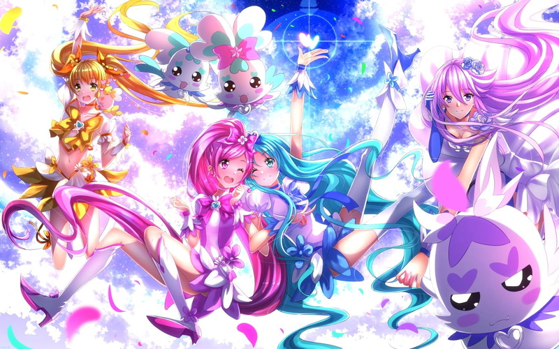 variation, purple eyes, blue eyes, multi colored, Precure, hair ornament, twintails, pink eyes, winking, long hair, decoration, white background, blue hair