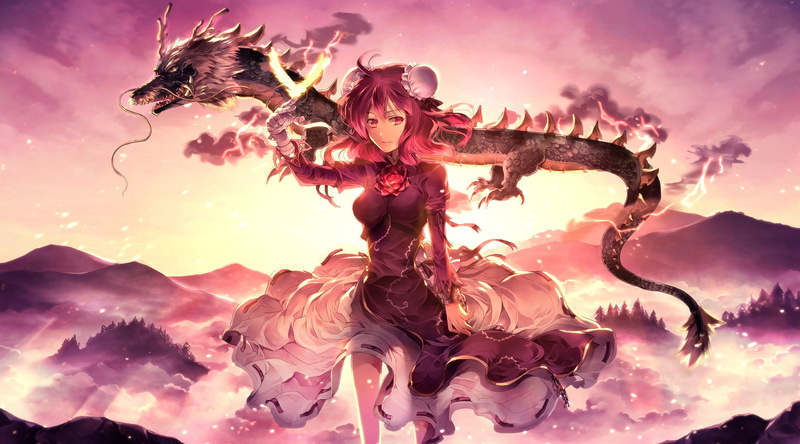 dress, anime girls, abstract, long hair, creativity, pink eyes, water, cloud - sky, motion, no people, dragon, sky, sunset, exploding, animal, nature, animal themes