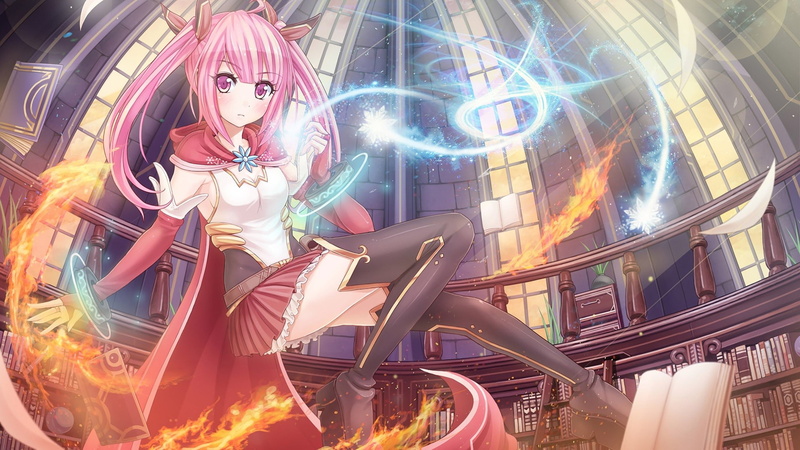 pink hair, skirt, open shirt, fire, anime, twintails, pink eyes, anime girls, long hair, books, gloves, 1080P