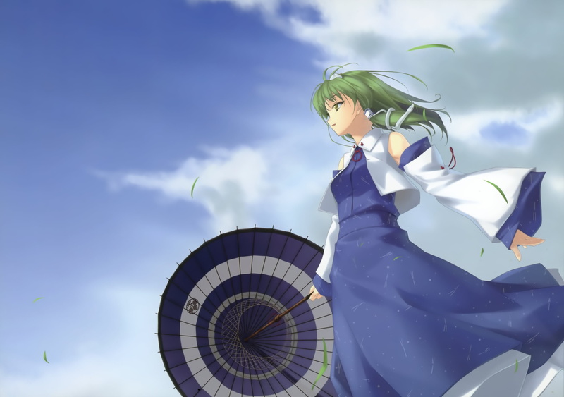 umbrella, 2K, snake, long hair, green hair, Touhou, skirt, sky, video games, miko, bangs, Kochiya Sanae, green eyes, hair ornament, detached sleeves, open mouth
