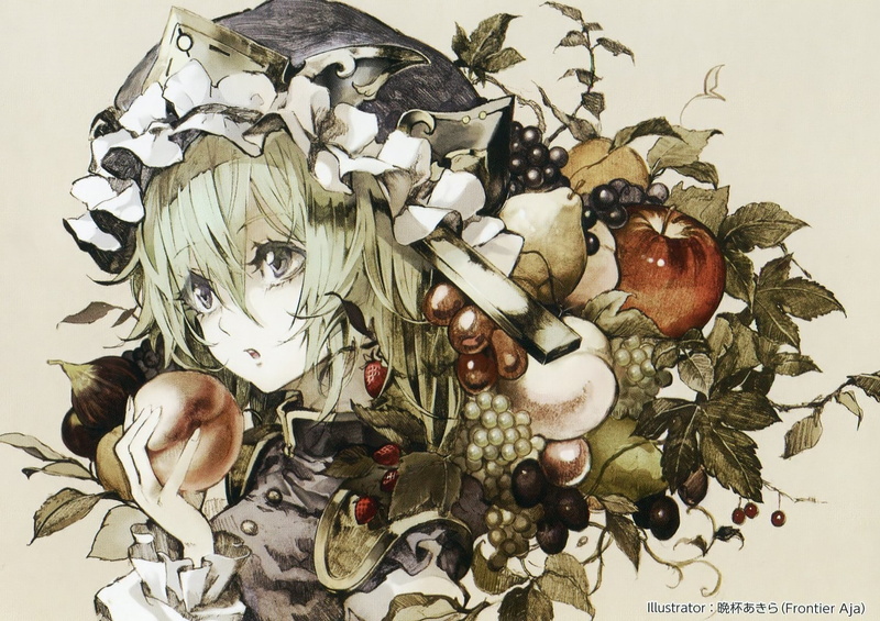 directly above, high angle view, hat, fruit, open mouth, still life, plant, no people, Shikieiki Yamaxanadu, healthy eating, food, video games, creativity