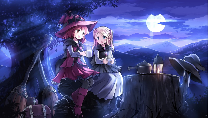 smiling, open mouth, clouds, short hair, original characters, anime, pink hair, blonde, anime girls, magician, 1080P, hat, sky, night, long hair, Moon