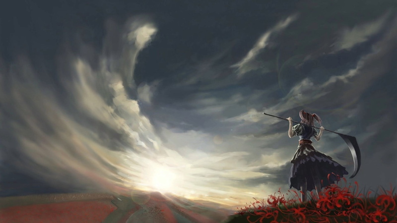 landscape, cloud - sky, girl, plant, day, flowering plant, beauty in nature, statue, nature, 1080P, holding, Touhou, sunlight, religion, low angle view