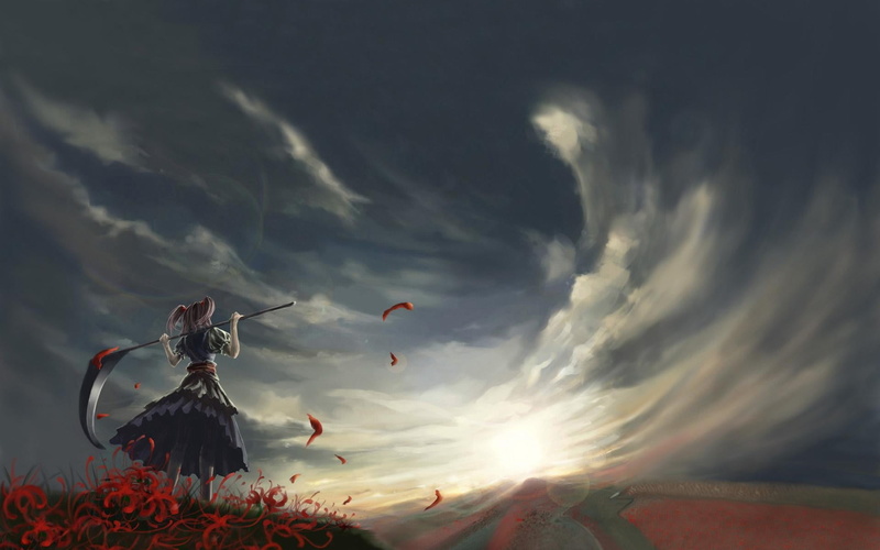 land, leisure activity, 1080P, people, woman, holding, Onozuka Komachi, outdoors, bird, adult, illustration, twintails, Gir, two people, anime girls, dress